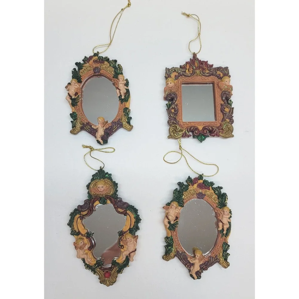 Vintage Cherub Angel Mirror Ornaments Set of 4 Victorian Gold Resin Christmas